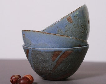 Set di ciotole in ceramica fatte a mano, smalto blu-marrone screziato, ciotole in ceramica rustica, piatti da portata in gres artigianale, set regalo unico