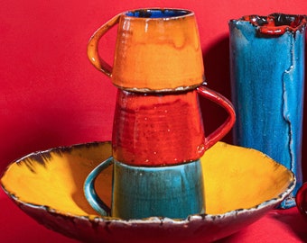 3 ceramic mugs set, Modern farmhouse kitchen, Set of 3 pottery mugs, Red pottery mug Orange handmade mug Blue ceramic mugs, Coffee mugs