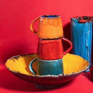 3 Ceramic Mugs Set, Red pottery Mug, Orange Handmade Mug, Set of 3 Pottery Mugs, Blue Ceramic Mugs, Coffee Mugs
