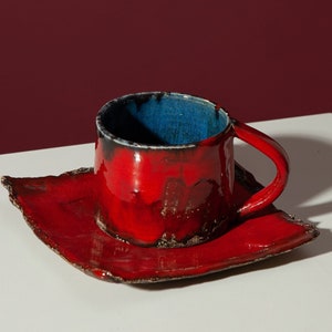 Tazza in ceramica rossa, tazza e piattino in ceramica, tazze in ceramica fatte a mano, ceramica in gres rosso, tazza da tè rustica