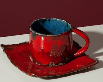 Red Pottery Mug, Ceramic Mug and Saucer, Handmade Pottery Mugs, Red Stoneware Ceramic, Rustic Tea Mug