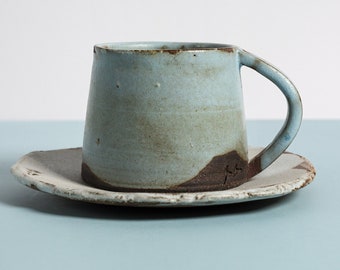 Light Blue Ceramic Mug, Rustic Handmade Mug, Stoneware Mug with Saucer, Large Tea Mug, Coffee Mug Pottery, Mother of Groom Gift, Sky Blue