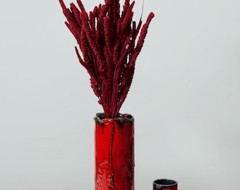 Red Ceramic Vase, Handmade Pottery, Modern Rustic Home Decor, Artistic Pottery Ornament,Dried Flower Container, Housewarming Gifts