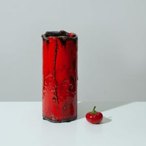 Jarrón rústico de cerámica roja, decoración de cerámica hecha a mano, decoración bohemia para el hogar, jarrón cilíndrico artesanal, centro de mesa rústico moderno.