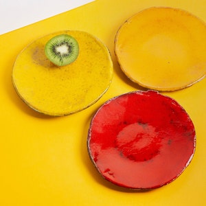 Serving Dessert Plate, Ceramic Pottery Plates, Yellow Round Plate, Colorful Saucer, Red Plate Under Cup, Small Serving Plate, New Home Gifts