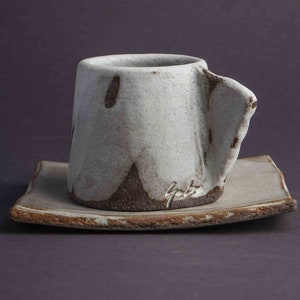 Set of Cup and Saucer, Ceramic Espresso Mug with Saucer, Speckled Stoneware Espresso Cup, Handmade Drip-Glaze Coffee Mug, Artisan Tableware