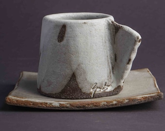Set of Cup and Saucer, Ceramic Espresso Mug with Saucer, Speckled Stoneware Espresso Cup, Handmade Drip-Glaze Coffee Mug, Artisan Tableware