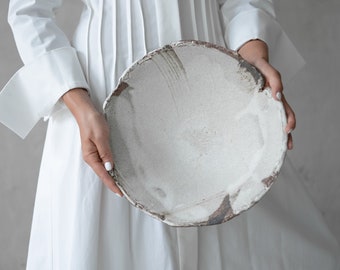 White Serving Platter, Serving Dish, White Plate, Large Pottery Platter 12", Stoneware Ceramic, Fruit Dinnerware, Elegant Ceramic Dinnerware