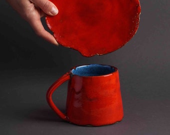 Handmade Coffee Cup, Ceramic Mug with Saucer, Ceramic Large Red Mug with Handle, Glay Tea Mug, Ceramic Cappuccino Cup, Pottery Mugs