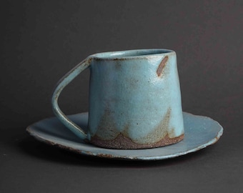 Large Ceramic Mug, Stoneware Ceramic Mug, Handle Mug, Matte Glaze Pottery Mug, Rustic Mug with Saucer, Glaze Cup, Handmade Coffee Mug Gift