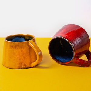 Colorful Ceramic Set Mugs and Saucers, Bright Coffee Mug, Red Pottery Mugs, Handmade Tea Mug, Coffe Tea Lover Gift, Kitchen Christmas Gift image 1