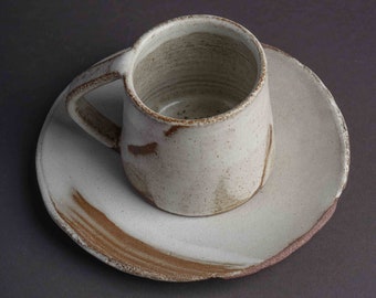Handmade White Ceramic Mug, Unique Matte Clay Mug, Large Mug, Coffee Cup, Rustic Mug, Stoneware Mug with Saucer, Pottery Mug for Mom