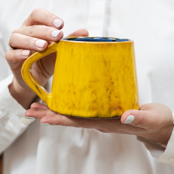 Yellow Mug, Ceramic Mug, Coffee Mug, Pottery mug, Handmade mug, Stoneware mug, Mug set, Modern farmhouse kitchen gift, Serving mugs, Saucer
