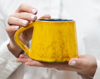 Ceramic Yellow Mug, Handmade Coffee Cup, Stoneware Mug, Pottery Mug, Modern Farmhouse Kitchen Gift, Serving Mugs Set, Saucer Plate