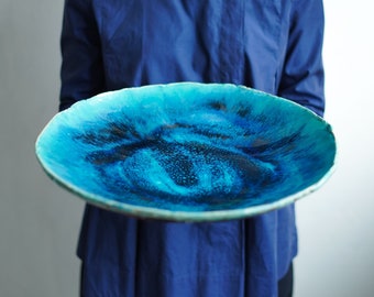 Decorative platter 15",  Blue Serving Platter, Serving Dish, Country decor, Restaurant plates, Serving bowl, Large fruit bowl, Dip bowl