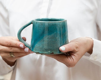 Ceramic turquoise mug, Coffee mug, Blue mug, Pottery mug, Tea mug, Handmade mug, Stoneware mug with handle, Rustic cup, Coffee lover gift