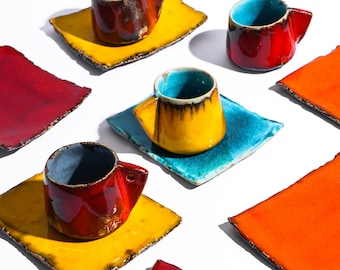 Handmade Ceramic Espresso Cup with Saucer: Rustic Stoneware Coffee Set