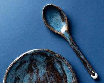 Blue Ceramic Spoon, Cooking Gift, Rustic Mixing Spoon, Unique Spoon, Serving Spoon, Ceramic Dinnerware, Peanut Butter Spoon, Navy Blue Spoon