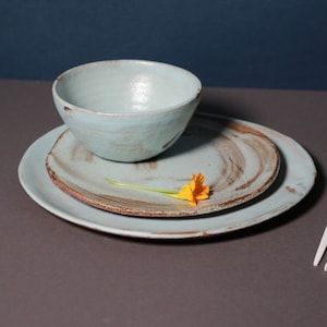 Handmade Ceramic Dinnerware Set: Pink Blue Stoneware Bowls and Plates
