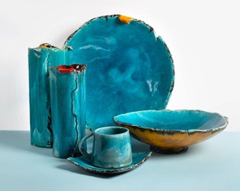 Rustic Turquoise Ceramic Dinnerware Set, Pottery Ceramic Set, Pottery Plate, Pottery Mugs, Ceramic Vase, Handmade Kitchen Art Decor Gift