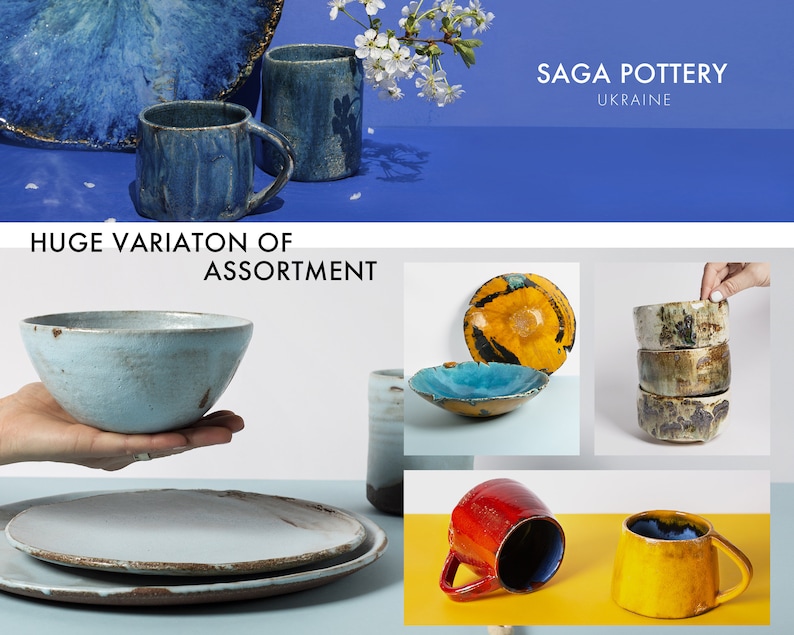 Puede incluir: Surtido de tazas, cuencos y platos de cer&aacute;mica hechos a mano en varios colores y estilos. La cer&aacute;mica est&aacute; hecha en Ucrania por Saga Pottery.