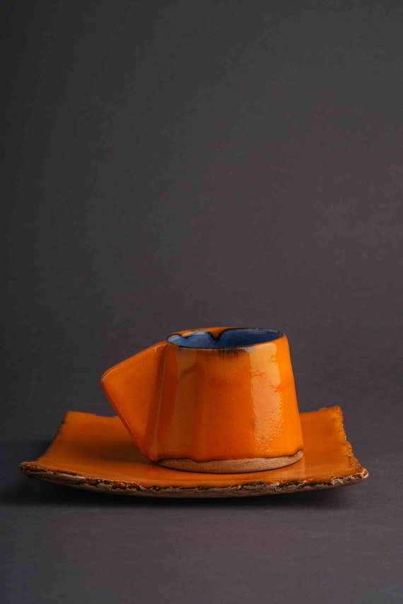 Handmade Ceramic Espresso Cup with Saucer, Minimalist Stoneware