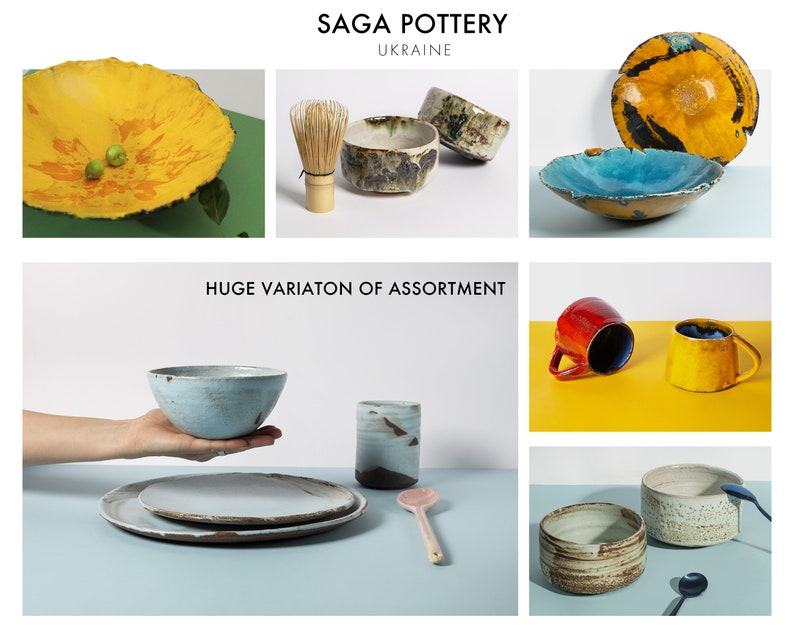 May include: Assortment of handmade pottery bowls, plates, and mugs in various colors and styles. The pottery is made in Ukraine. The text "SAGA POTTERY UKRAINE" and "HUGE VARIATION OF ASSORTMENT" is visible in the image.
