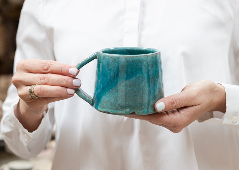 Colorful Ceramic Set Mugs and Saucers, Bright Coffee Mug, Red Pottery Mugs, Handmade Tea Mug, Coffe Tea Lover Gift, Kitchen Christmas Gift Turquoise