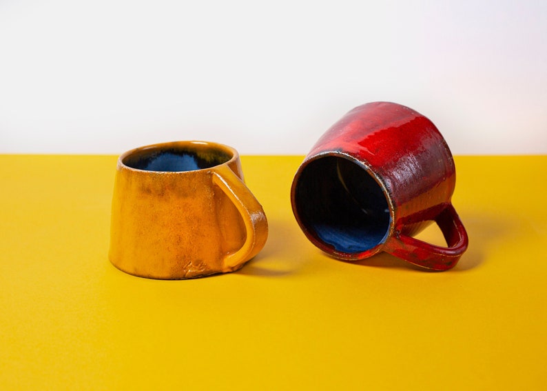 Colorful Ceramic Set Mugs and Saucers, Bright Coffee Mug, Red Pottery Mugs, Handmade Tea Mug, Coffe Tea Lover Gift, Kitchen Christmas Gift image 1