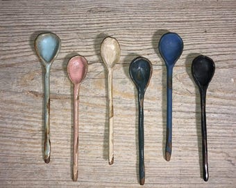Cucharas de cerámica hechas a mano, cucharas de cerámica rústica, cucharas pequeñas, cucharas de café, gres vintage, cucharas multicolores, cucharas de café