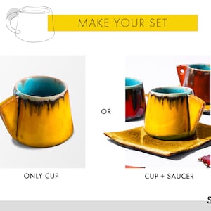 May include: Two options for a ceramic coffee cup set: a single yellow cup with blue and black glaze, or a yellow cup with a matching saucer, both with blue and black glaze. "Make Your Set" and "SAGA POTTERY" are written in the image.