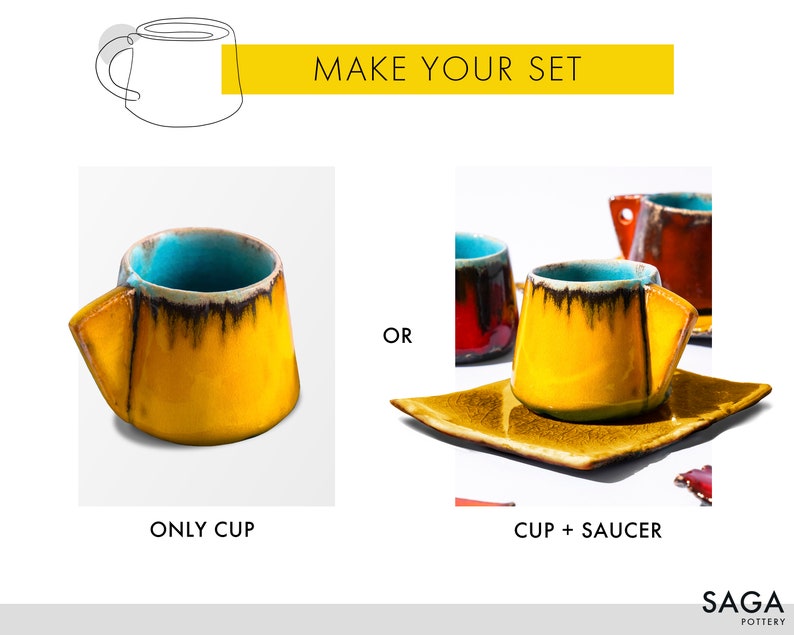 May include: Two options for a ceramic coffee cup set: a single yellow cup with blue and black glaze, or a yellow cup with a matching saucer, both with blue and black glaze. "Make Your Set" and "SAGA POTTERY" are written in the image.