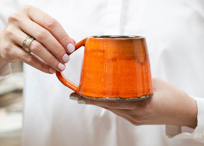 Colorful Ceramic Set Mugs and Saucers, Bright Coffee Mug, Red Pottery Mugs, Handmade Tea Mug, Coffe Tea Lover Gift, Kitchen Christmas Gift Orange