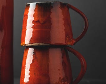 Handmade Pottery Mugs, Red Handle Mug, Mug with Saucer Set, Large Ceramic Mug, Lovers Coffee Gift, Couples Mugs Gift, Best Mug Gift