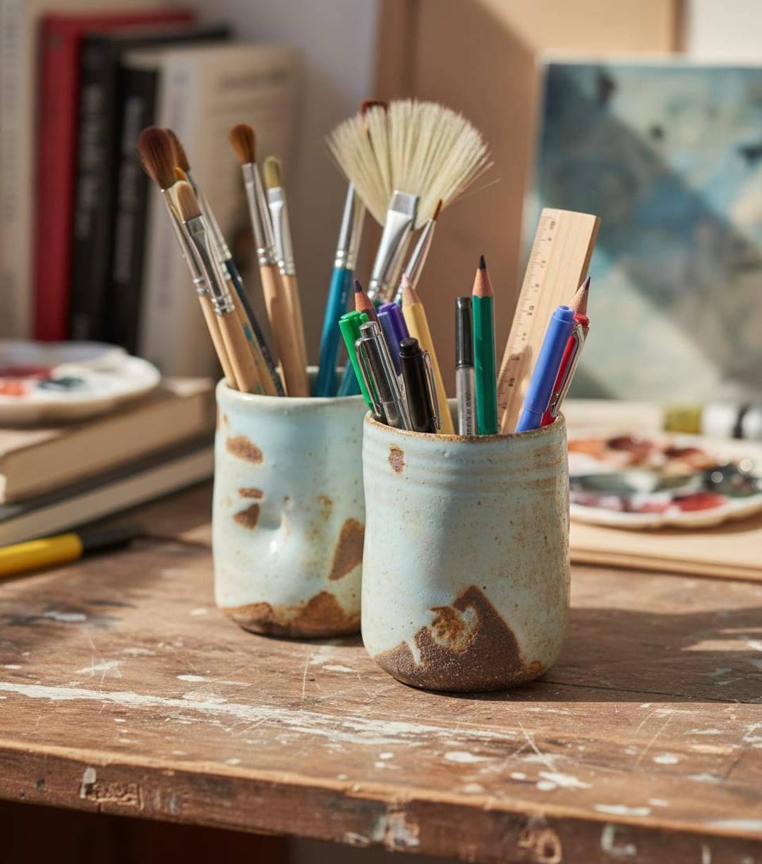 Handmade Ceramic Desk Organizer Set, Pottery Brush Holder - Etsy