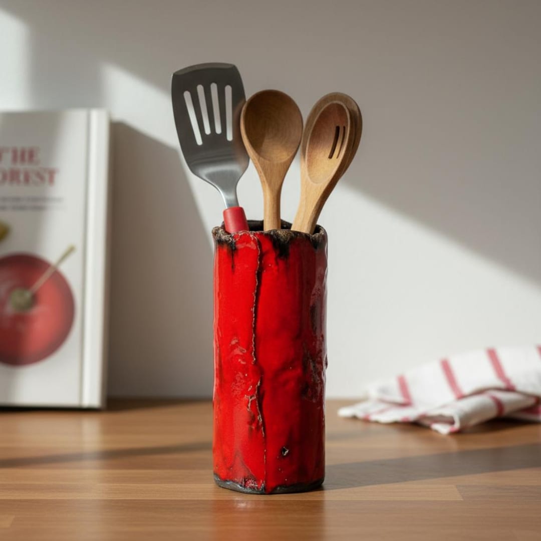Ceramic Utensil Holder, Rustic Pottery Kitchen Organizer, Minimalist ...
