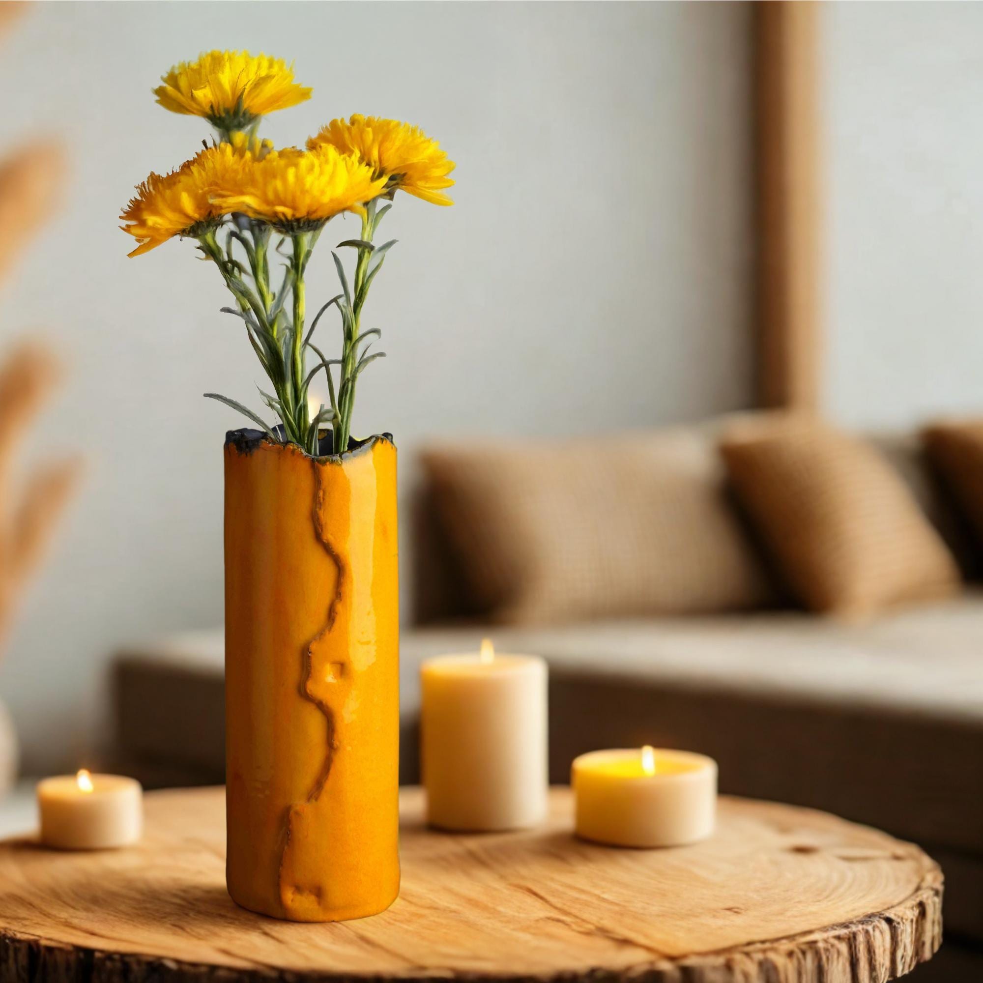 Handmade Ceramic Flower Vase, Home Decor, Yellow Stoneware Abstract Unique Housewarming Gift, Art Deco