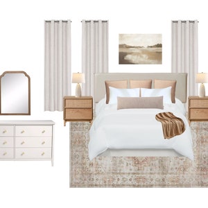 Online Interior Design | Neutral Bedroom Decor | Transitional E-Design | Custom Moodboard | Virtual Bedroom Design | Custom Design Service