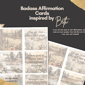 May include: A collection of affirmation cards with inspirational quotes and a cowboy hat graphic. The cards have a rustic, wood-like background with floral accents and are titled "Badass Affirmation Cards inspired by Beth."
