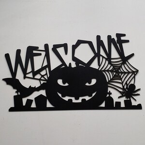 Halloween Scary Welcome Sign ~ Jack-o-lantern, spider web, graveyard, and bat Metal Decor