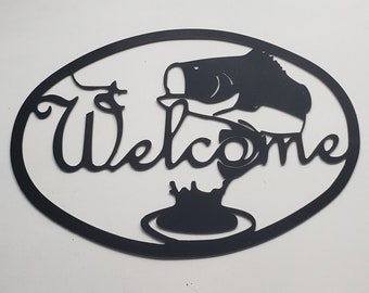 Welcome Metal Sign Plaque Picture Fishing Bass Cabin Lodge Man Cave Decor Gift 