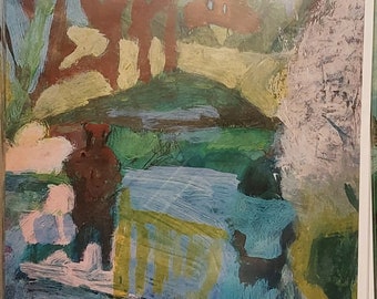 May include: Abstract painting with a mix of blue, green, yellow, brown, and pink colors. The painting features brushstrokes and layers of paint, creating a textured effect.