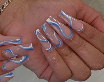 Blue And White Nails Etsy Blue And White Nails Etsy