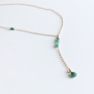 May birthstone necklace with emerald, emerald necklace with gradient, Y lariat necklace with emerald drop