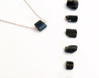 Black tourmaline raw stone chain, gold chain with small tourmaline