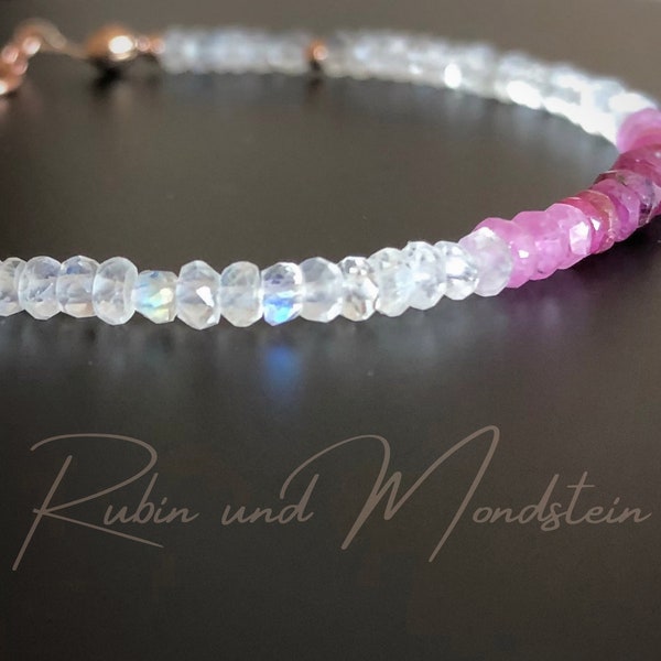 Rubin und Mondstein Armband, Geburtsstein Armband für Juni, Juli Geburtstag, Perlenarmband mit Farbverlauf