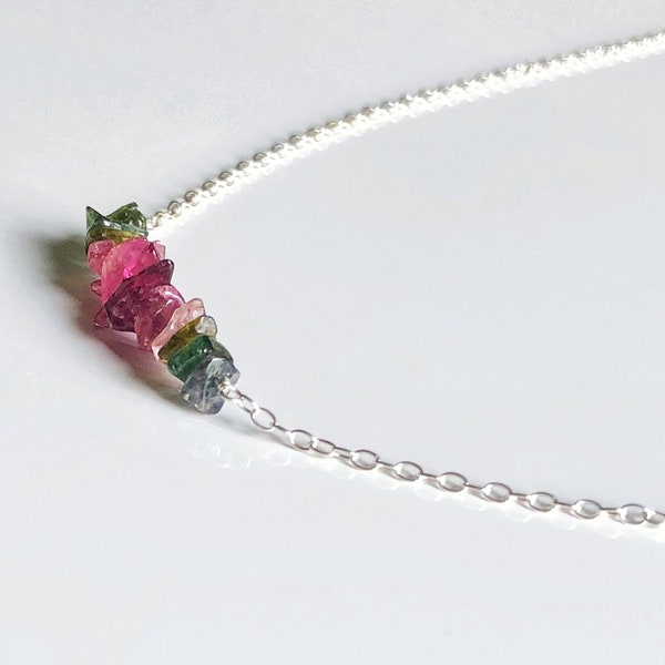 Raw Watermelon Tourmaline Bar necklace with Birthstone Card