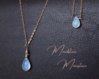 Moonstone teardrop necklace, blue glowing rainbow moonstone, Boho necklace