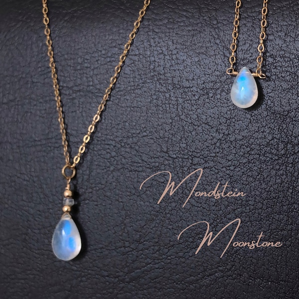 Moonstone teardrop necklace, blue glowing rainbow moonstone, Boho necklace