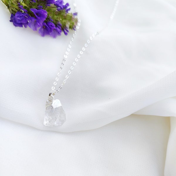 Raw Clear Crystal Necklace, Sterling Silver